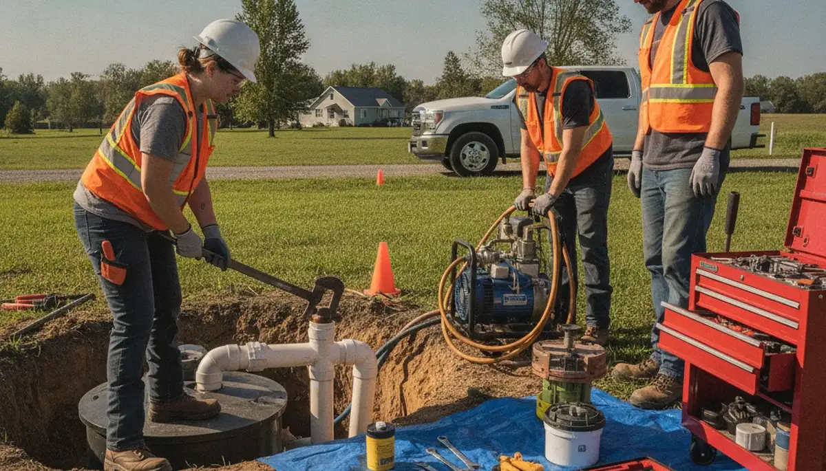 Albany, NY septic repair plumber inspecting residential septic system for seasonal ground shift issues